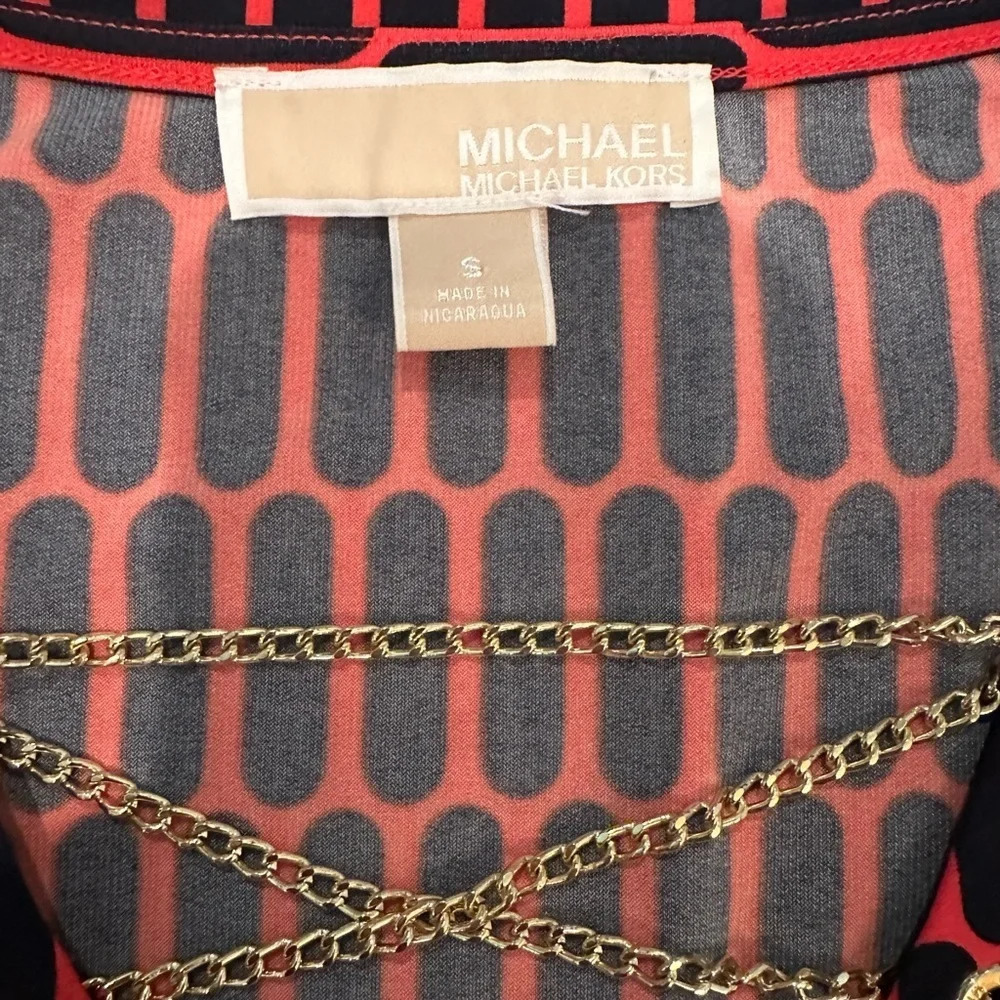 Michael Michael Kors Red‎ Black Geometric Print Gold chain Lace up  tunic top - Picture 7 of 8
